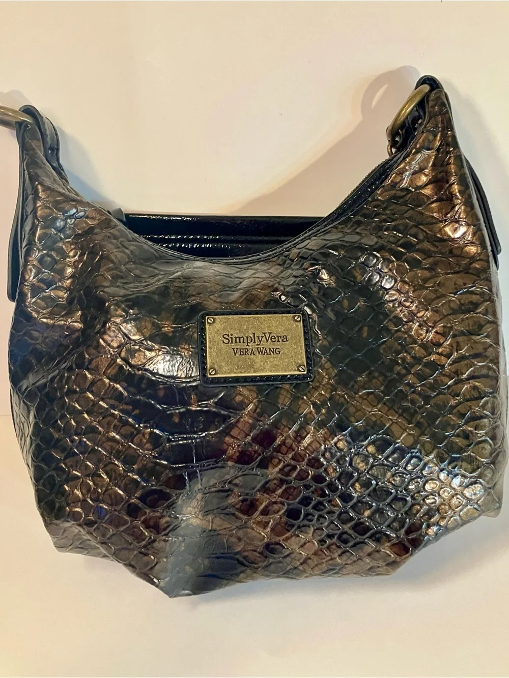 Simply Vera Vera Wang Bronze Black Croc Hobo Bag Metallic